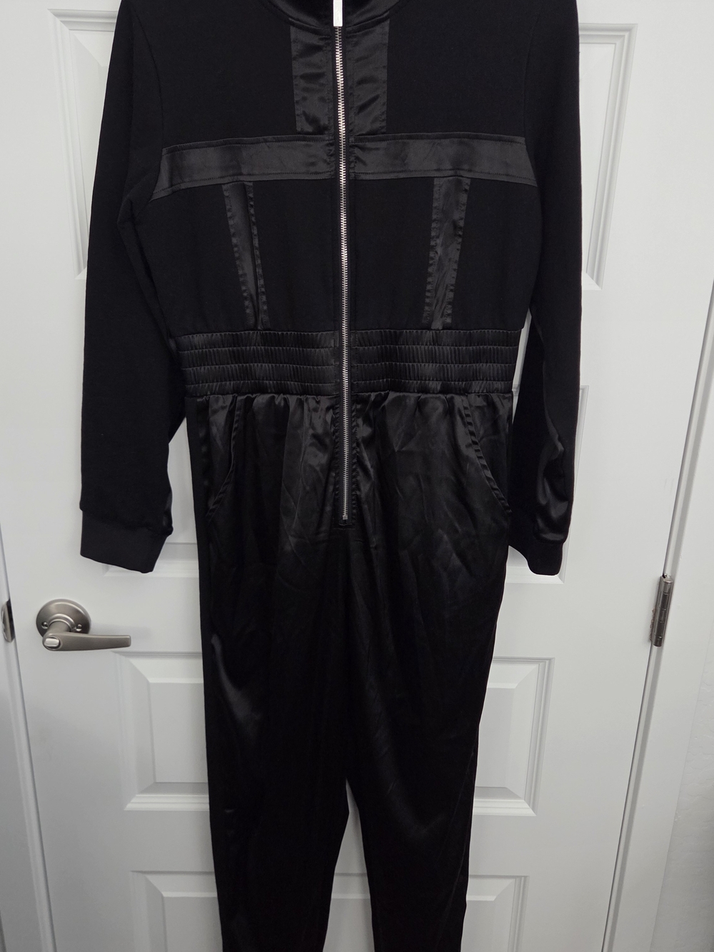 AKIRA Black Zip-Front Satin-Trim Jumpsuit